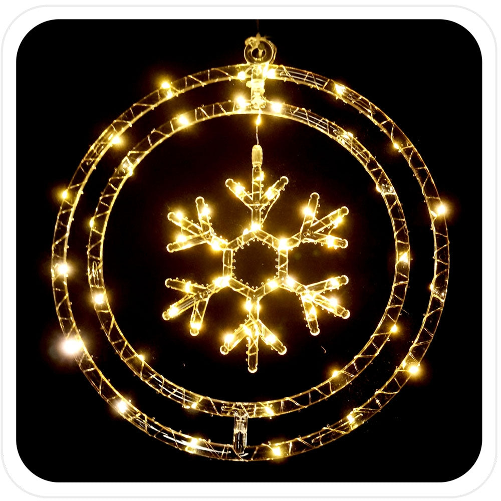 Kalėdinė šviečianti dekoracija – snaigė ratelyje, 60 LED, šiltai balta, baterijomis maitinama