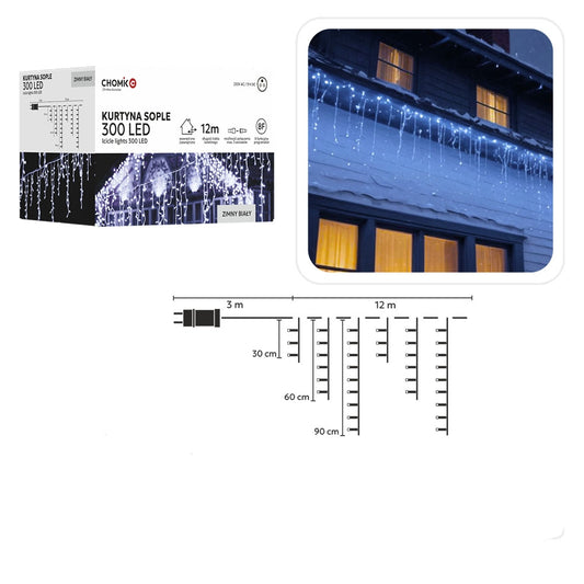 Kalėdinė LED užuolaida/varvekliai , 300 LED, šaltai balta šviesa, 12 m