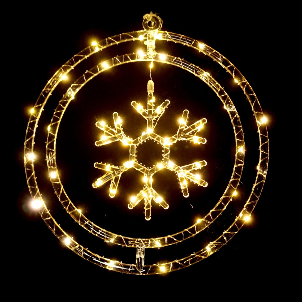 Kalėdinė šviečianti dekoracija – snaigė ratelyje, 60 LED, šiltai balta, baterijomis maitinama