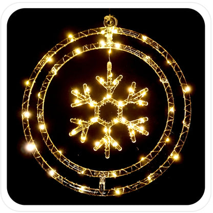 Kalėdinė šviečianti dekoracija – snaigė ratelyje, 60 LED, šiltai balta, baterijomis maitinama