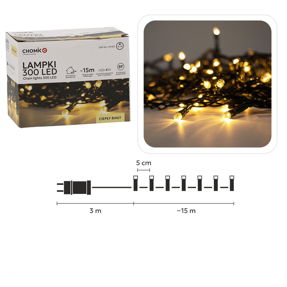 Kalėdinės LED girliandos, 300 LED, šiltai balta šviesa, 15 m