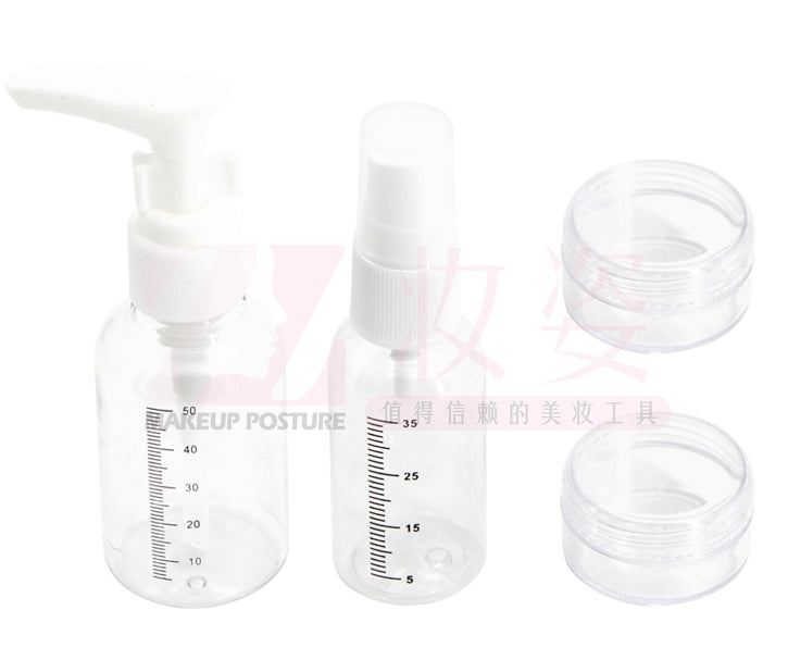 Kelioninių buteliukų rinkinys (4 dalys): 35 ml purškiklis + 50 ml pompa + 2 x 10 g kremo buteliukai