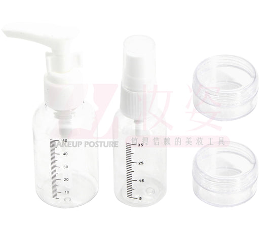 Kelioninių buteliukų rinkinys (4 dalys): 35 ml purškiklis + 50 ml pompa + 2 x 10 g kremo buteliukai