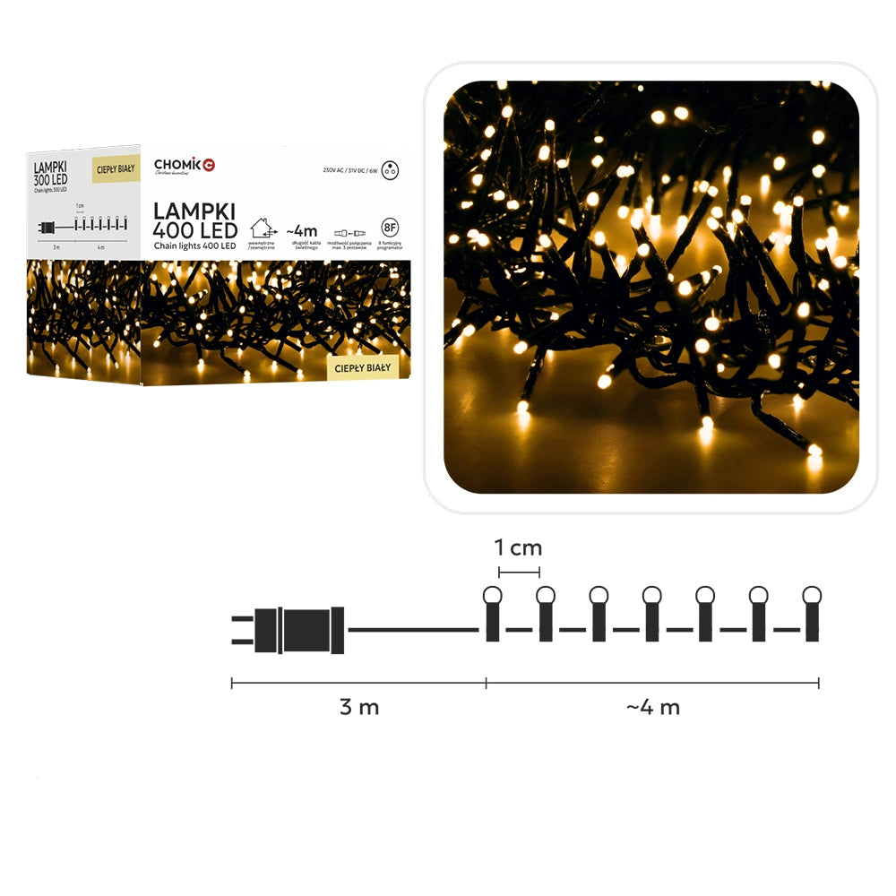 LED girlianda 400 LED, 4 m, šiltai balta